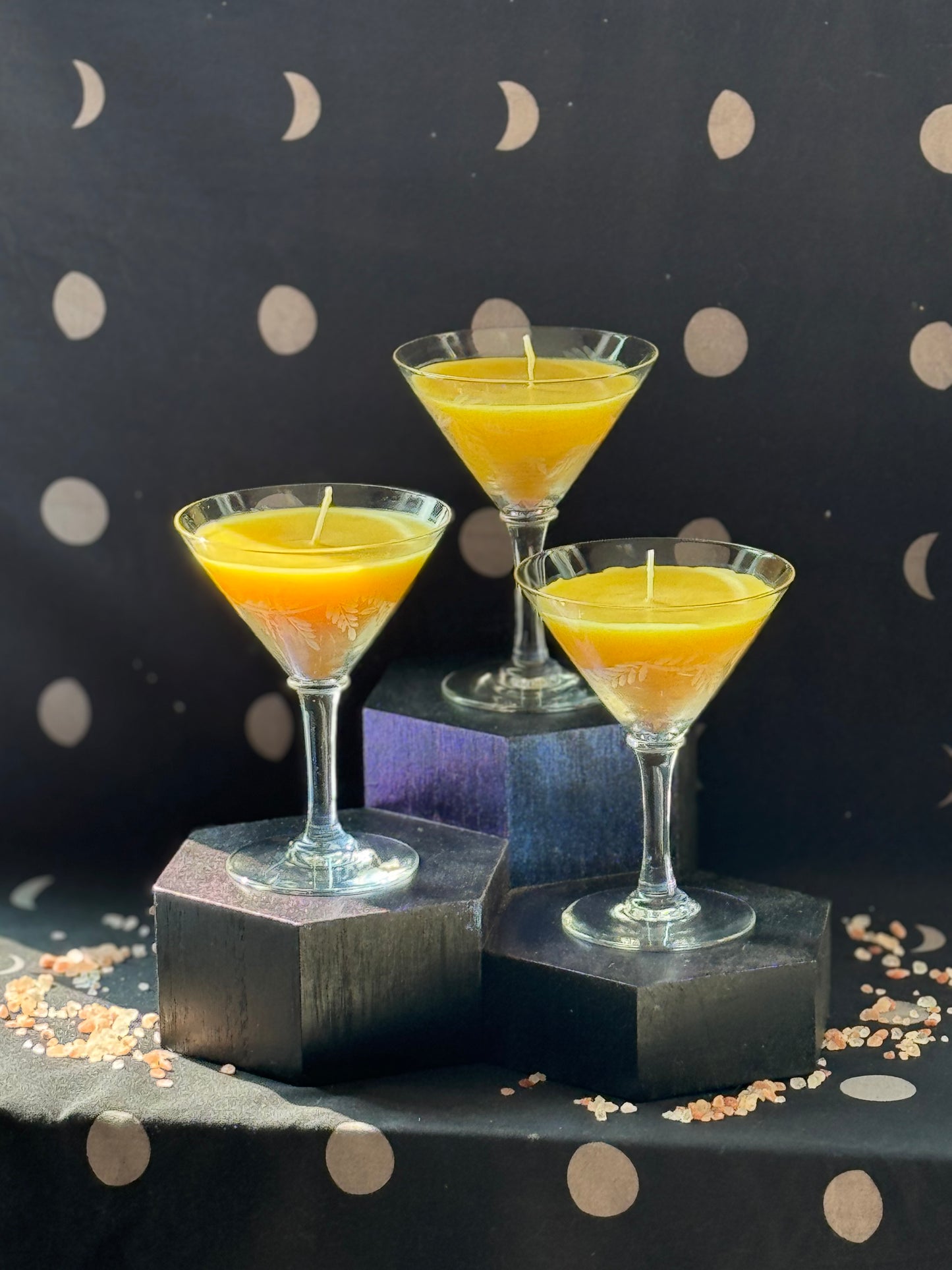Trio of Vintage Etched Martini Glass Candles Set B