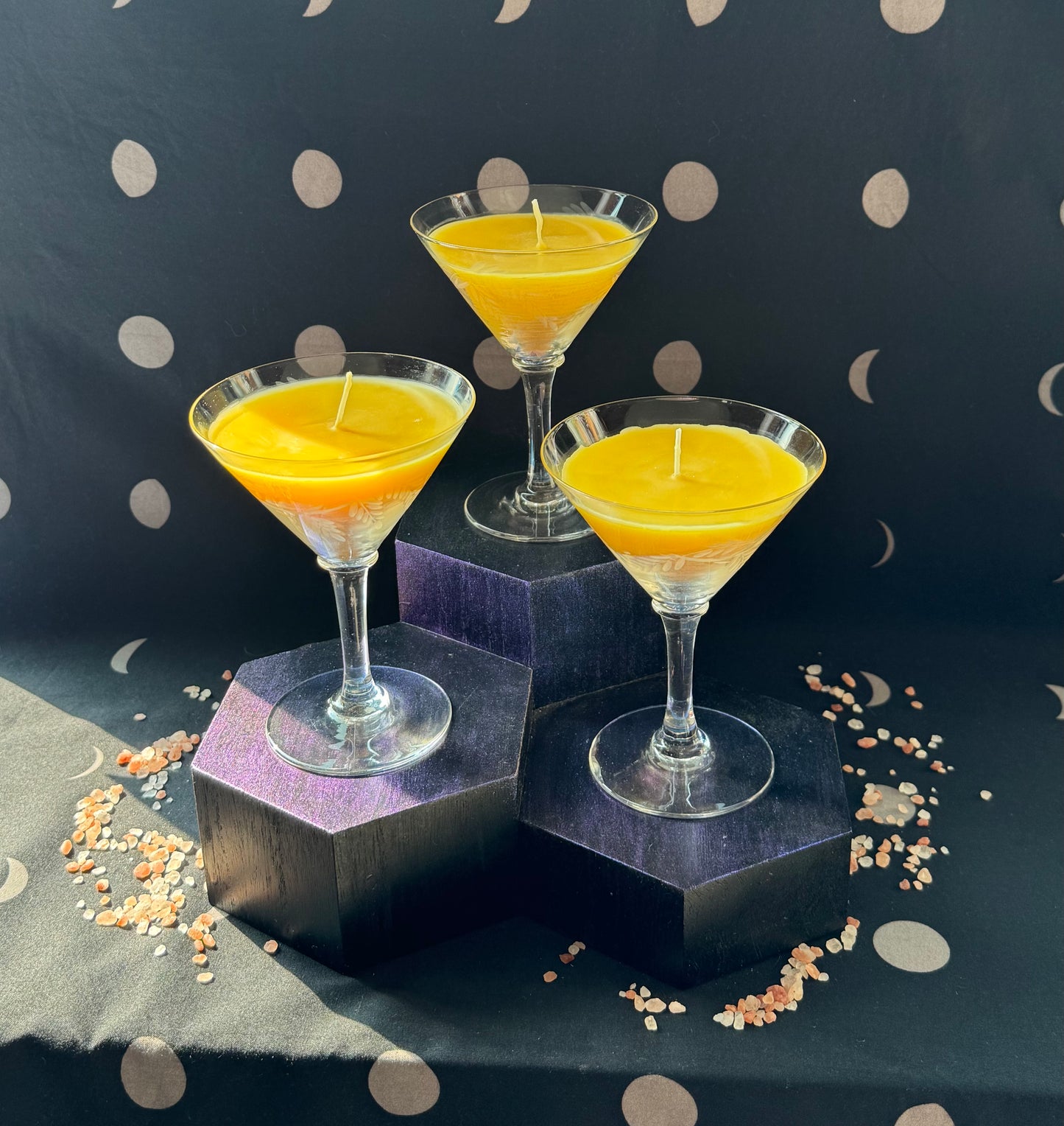 Trio of Vintage Etched Martini Glass Candles Set B